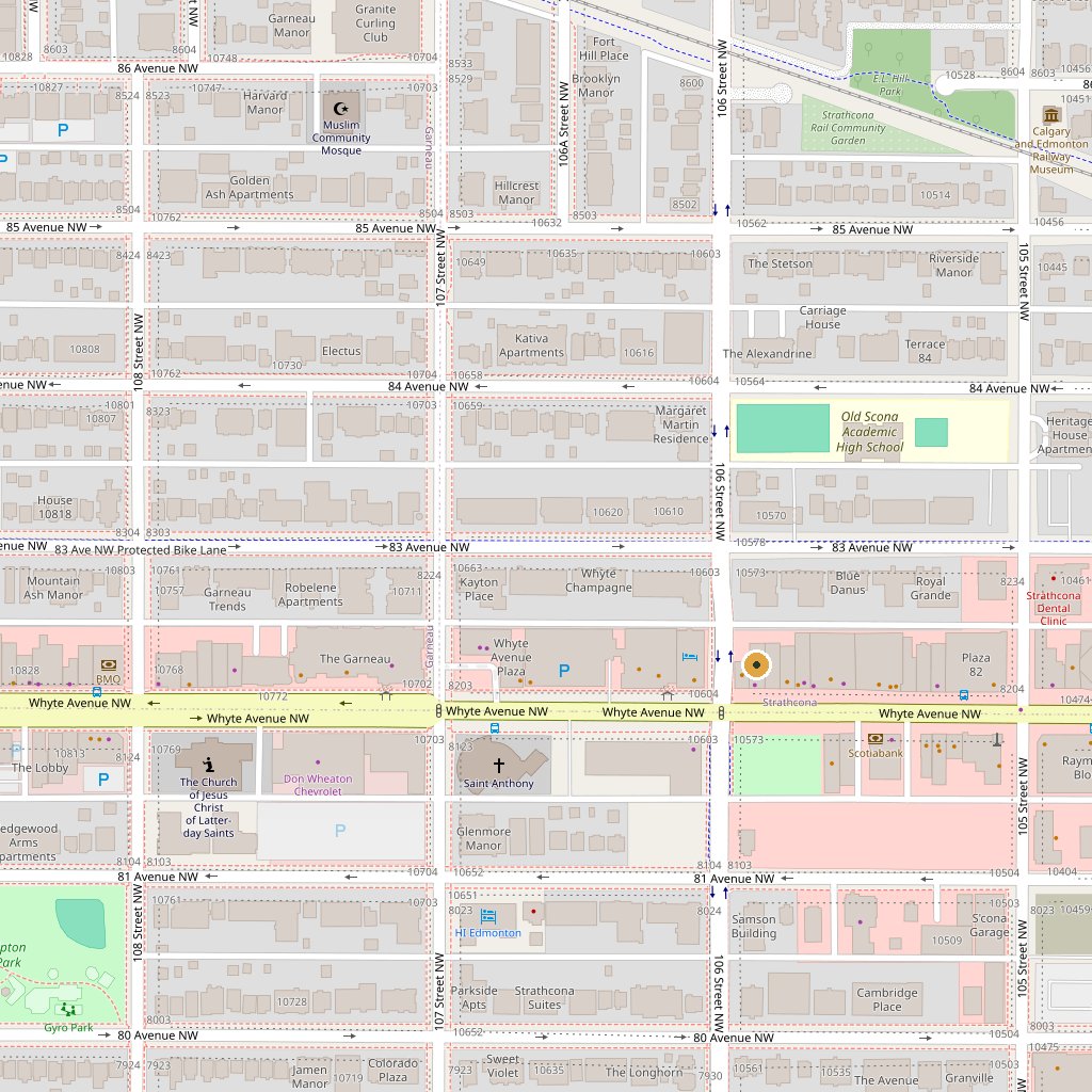 Map showing Whyte Ave Café at 10412 Whyte Avenue, Old Strathcona, Edmonton